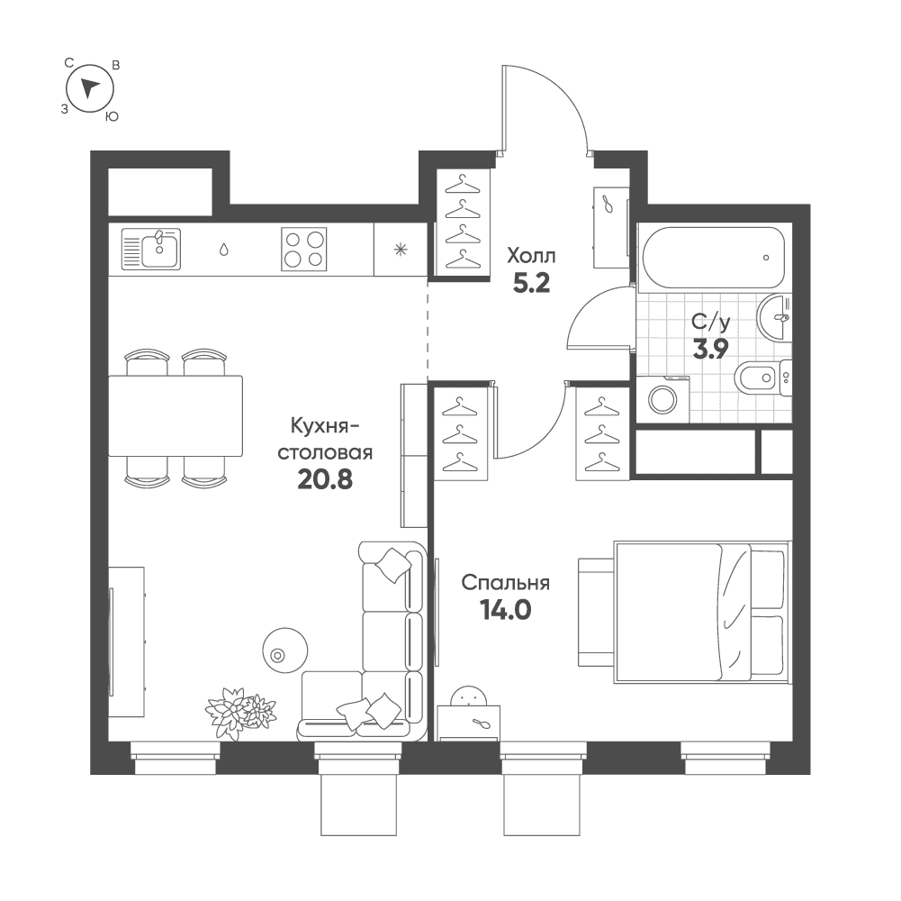 1-комнатная, 43,9 м² — 30 802 275 ₽