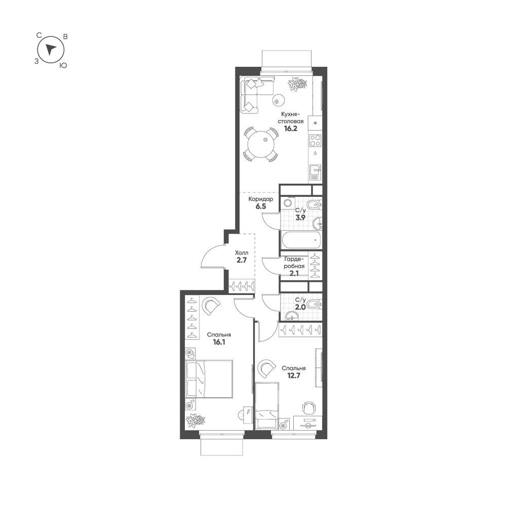 2-комнатная, 62,2 м² — 35 323 329 ₽