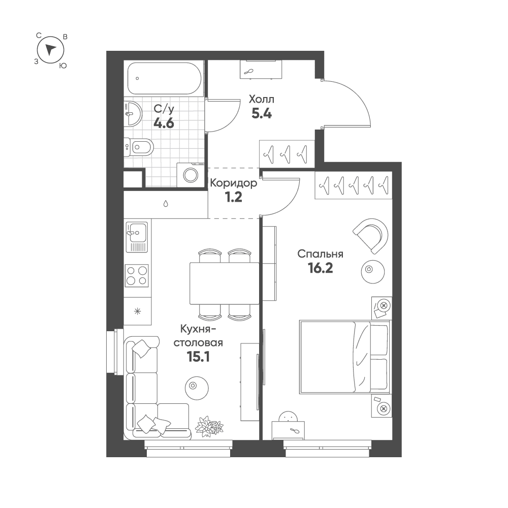1-комнатная, 42,5 м² — 29 927 675 ₽