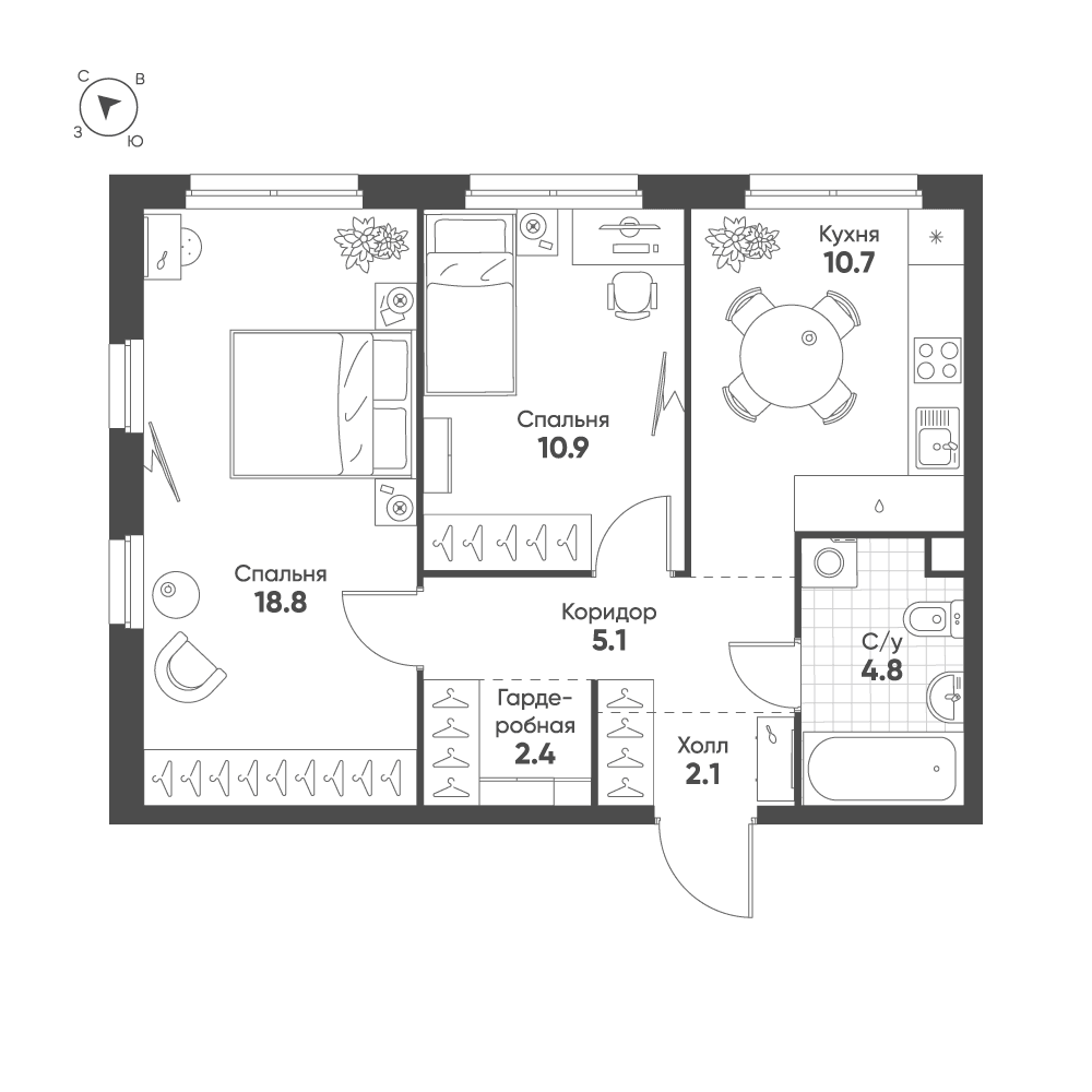 2-комнатная, 54,8 м² — 30 794 589 ₽