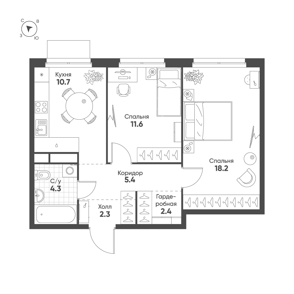 2-комнатная, 54,9 м² — 30 651 081 ₽