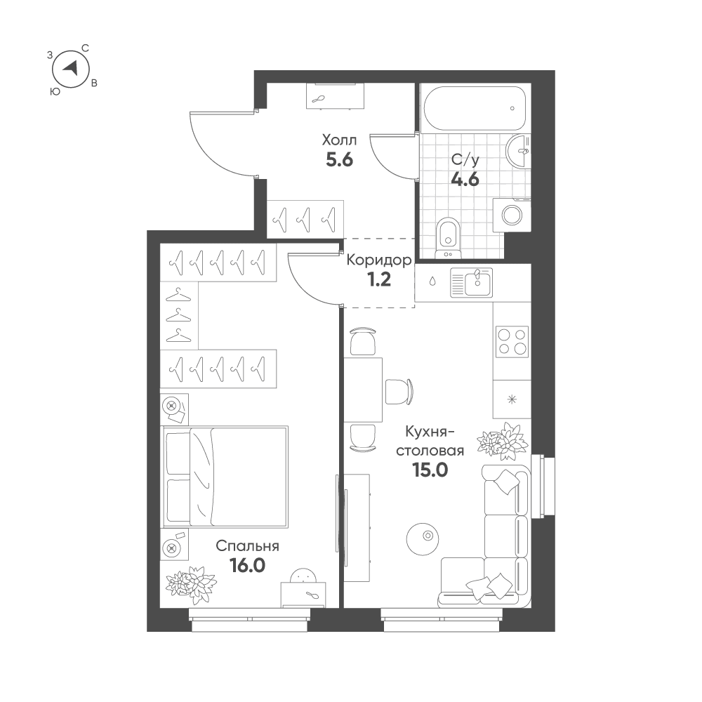 1-комнатная, 42,4 м² — 28 875 222 ₽