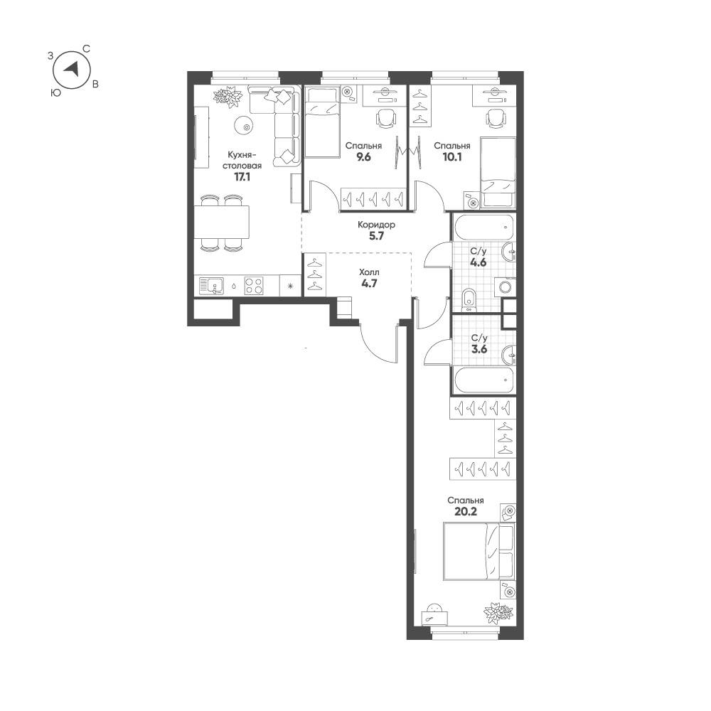 3-комнатная, 75,6 м² — 43 805 740 ₽
