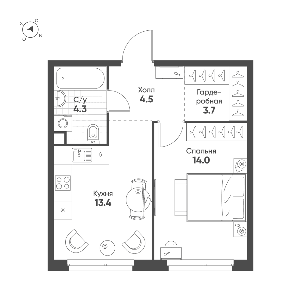 1-комнатная, 39,9 м² — 28 954 367 ₽