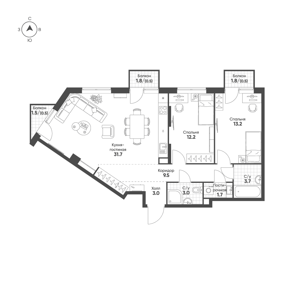 3-комнатная, 79,5 м² — 36 508 083 ₽