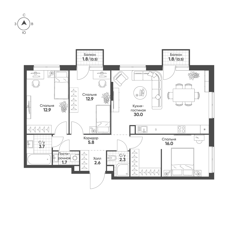 3-комнатная, 88,9 м² — 39 424 363 ₽