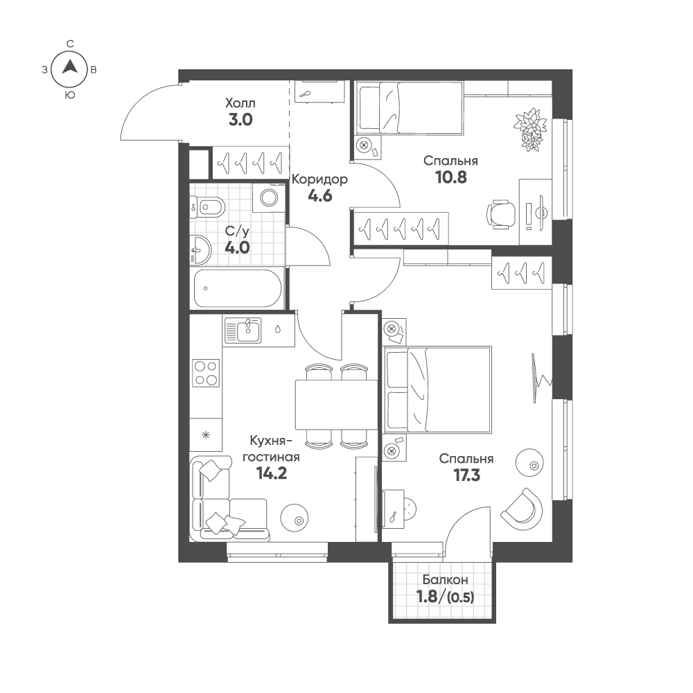 2-комнатная, 54,4 м² — 27 498 851 ₽