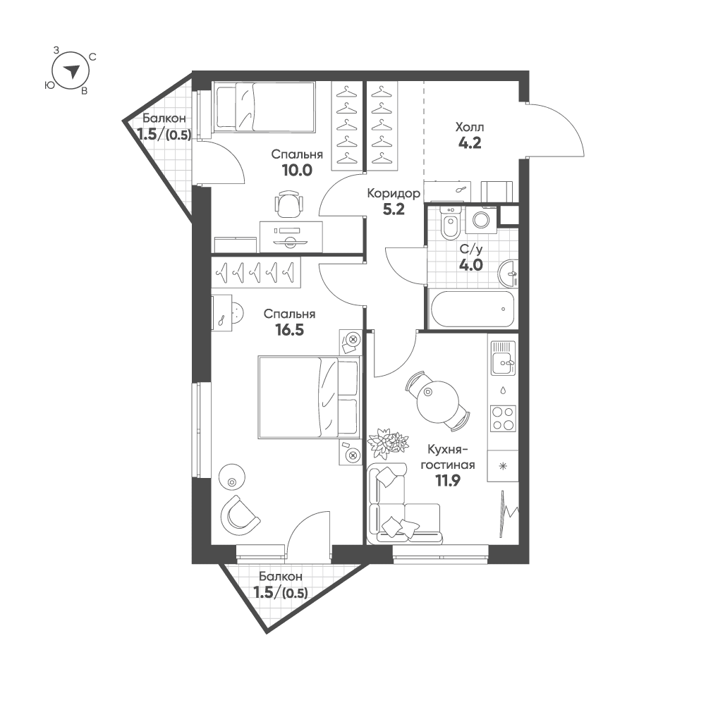 2-комнатная, 52,8 м² — 29 445 332 ₽