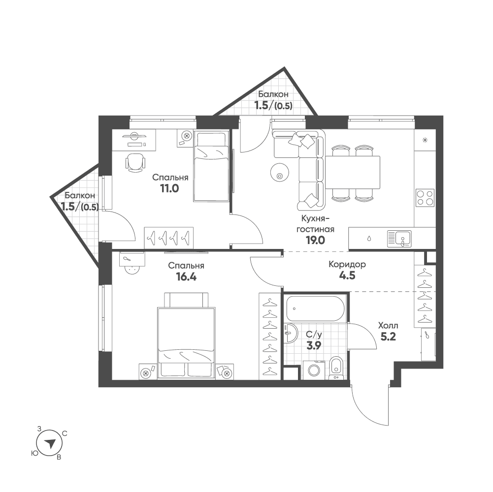 2-комнатная, 61 м² — 32 544 819 ₽
