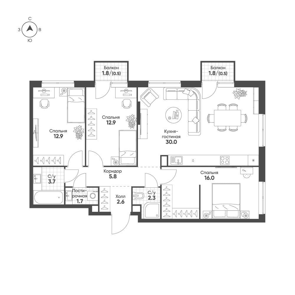 3-комнатная, 88,9 м² — 45 760 870 ₽