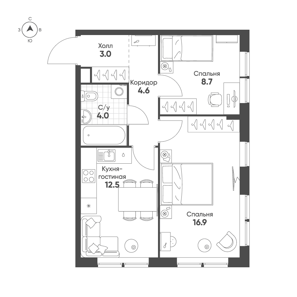2-комнатная, 49,7 м² — 33 709 620 ₽