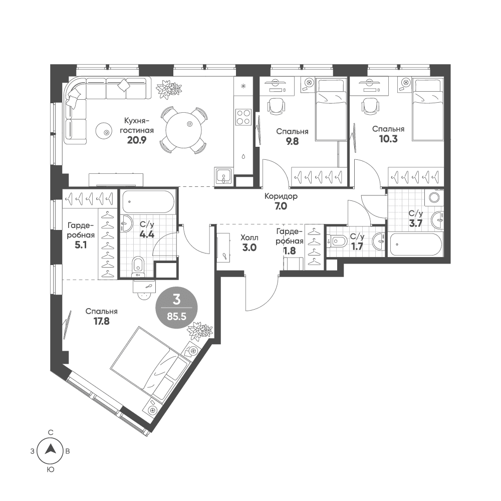 3-комнатная, 85,5 м² — 37 865 328 ₽
