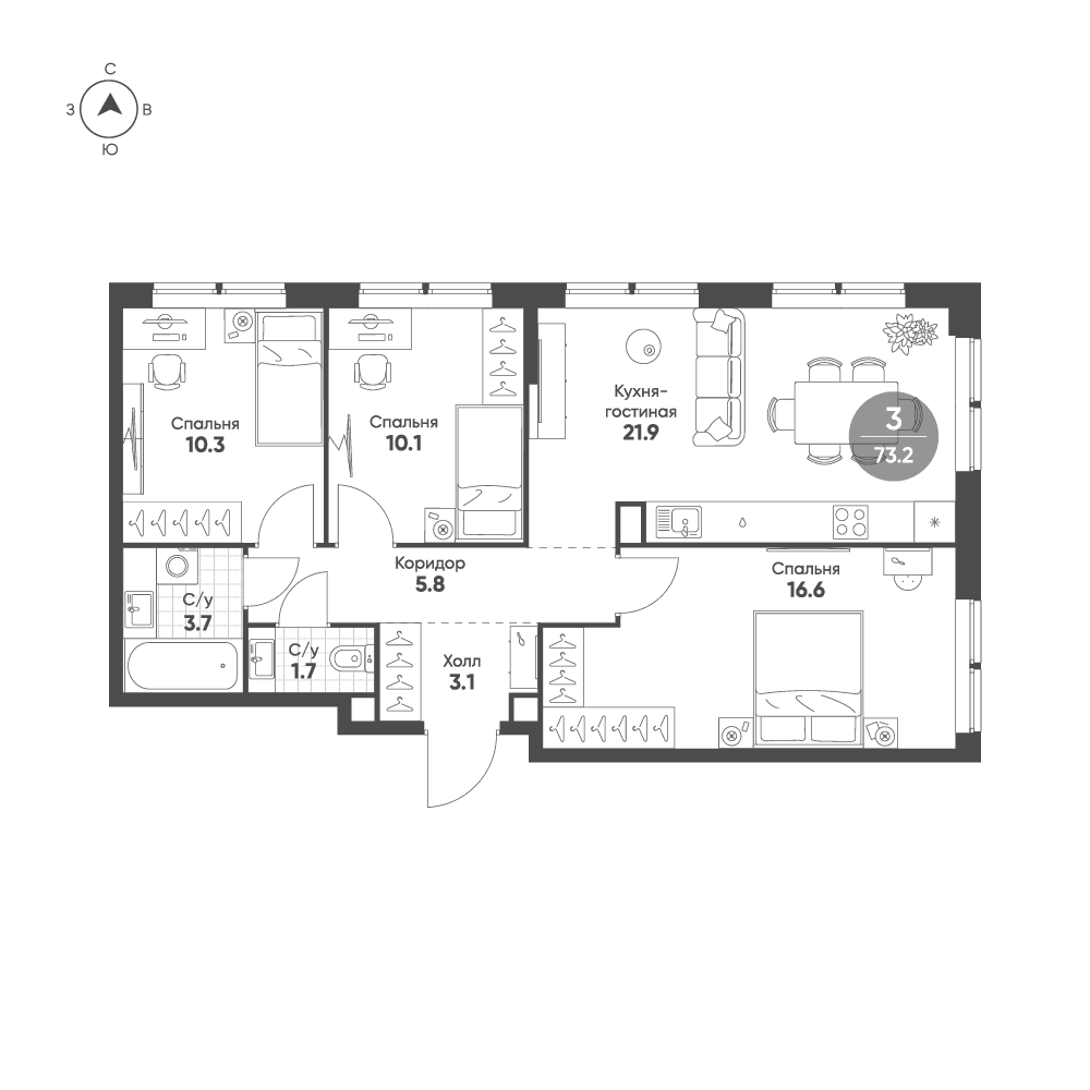 3-комнатная, 73,2 м² — 39 797 314 ₽