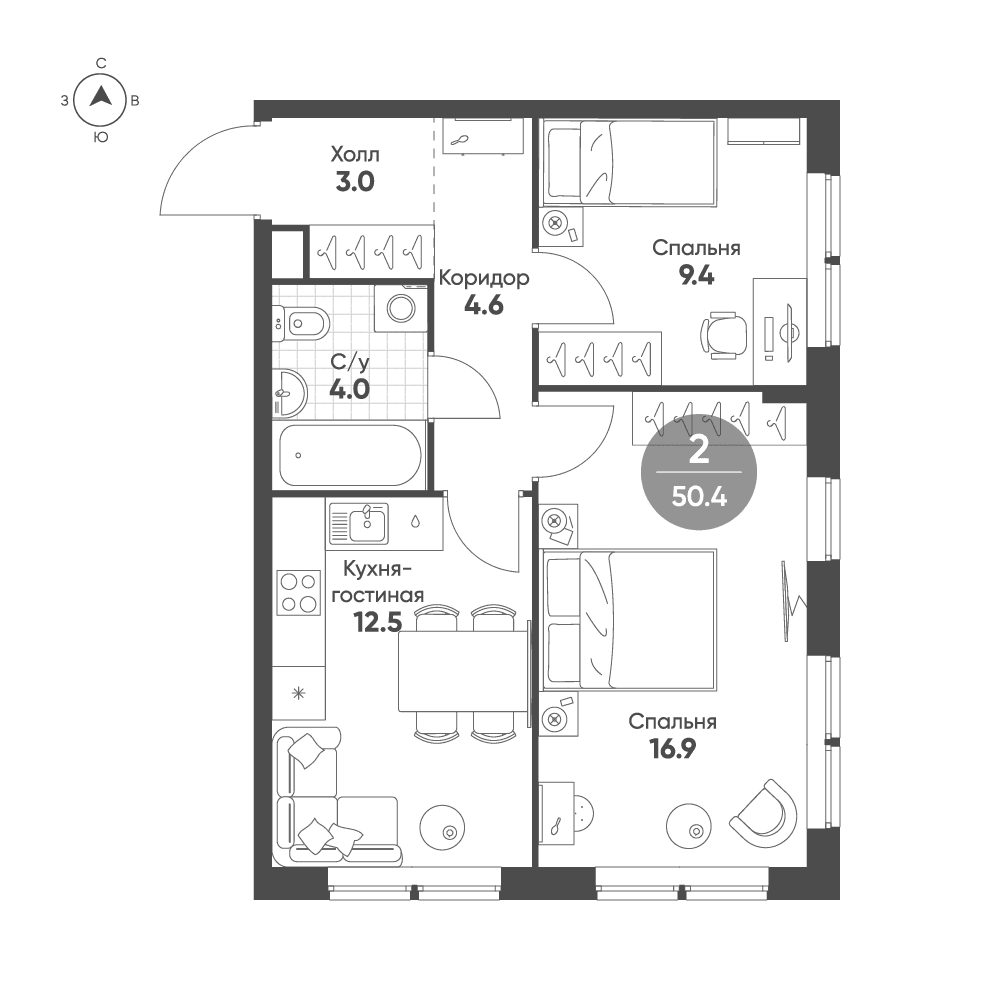 2-комнатная, 50,4 м² — 29 324 057 ₽