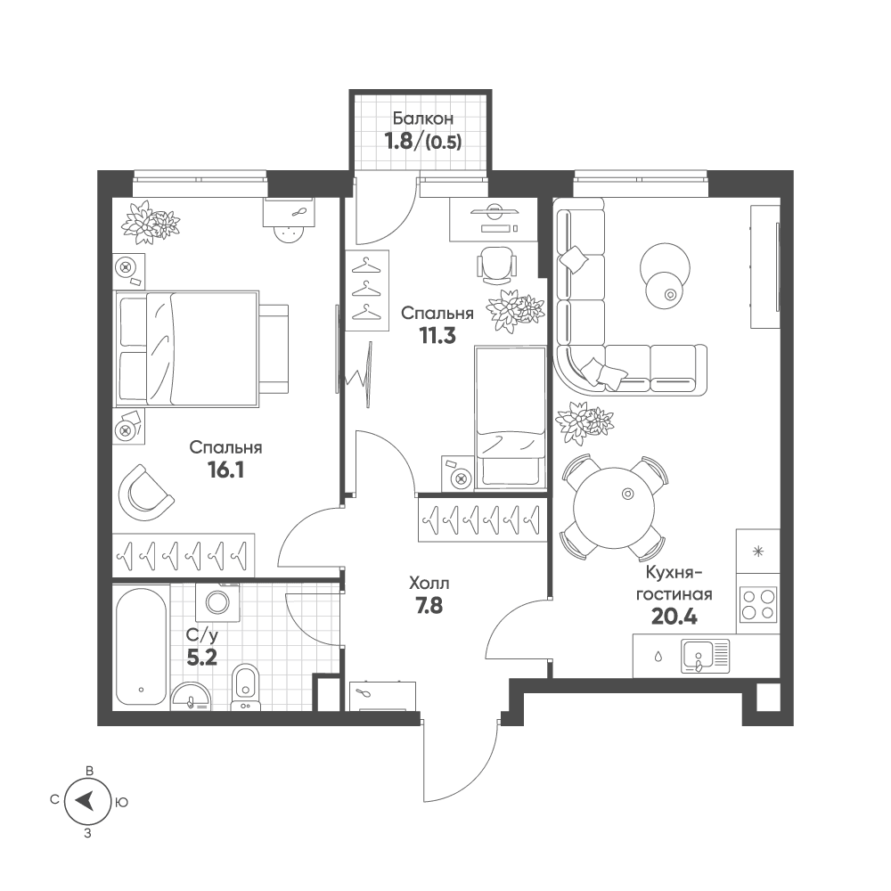 2-комнатная, 61,3 м² — 27 935 777 ₽