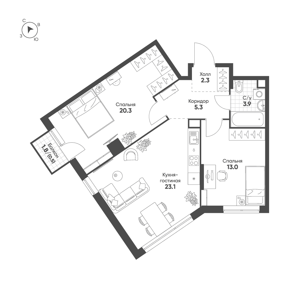2-комнатная, 68,4 м² — 34 328 185 ₽