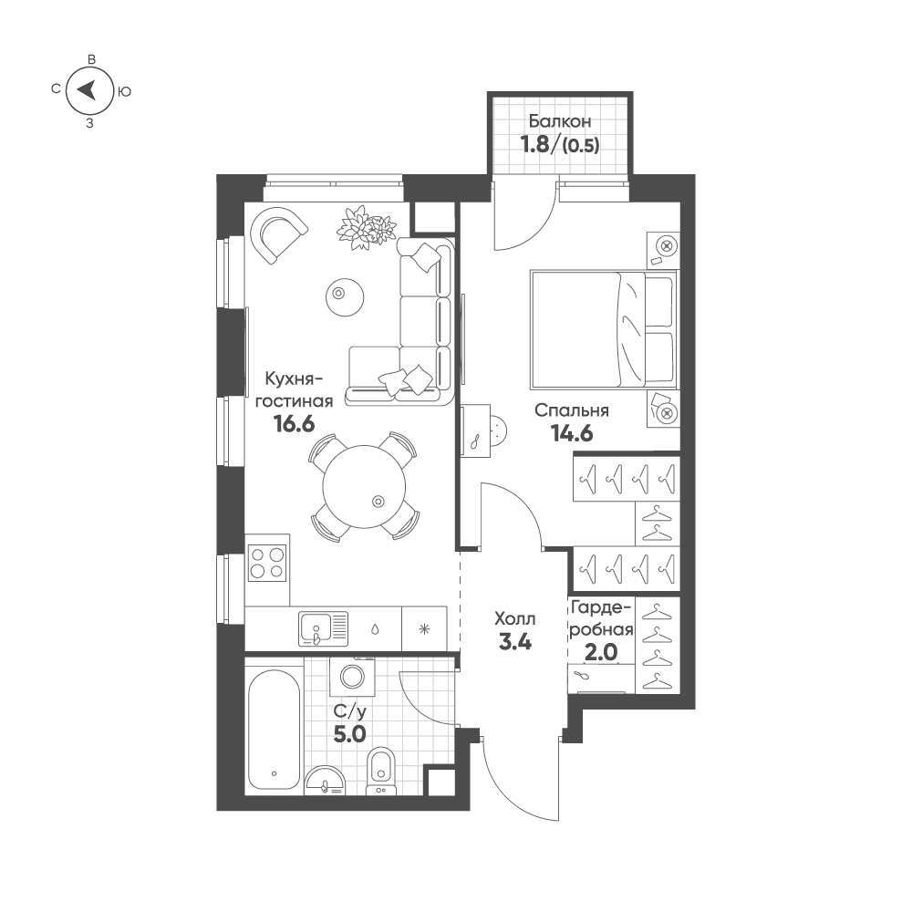1-комнатная, 42,1 м² — 28 013 986 ₽