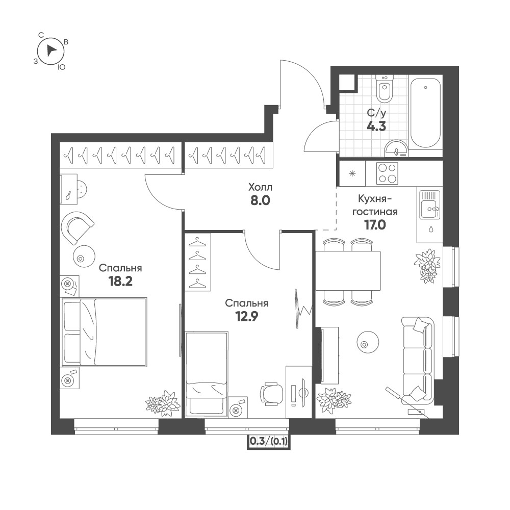 2-комнатная, 60,5 м² — 29 232 670 ₽