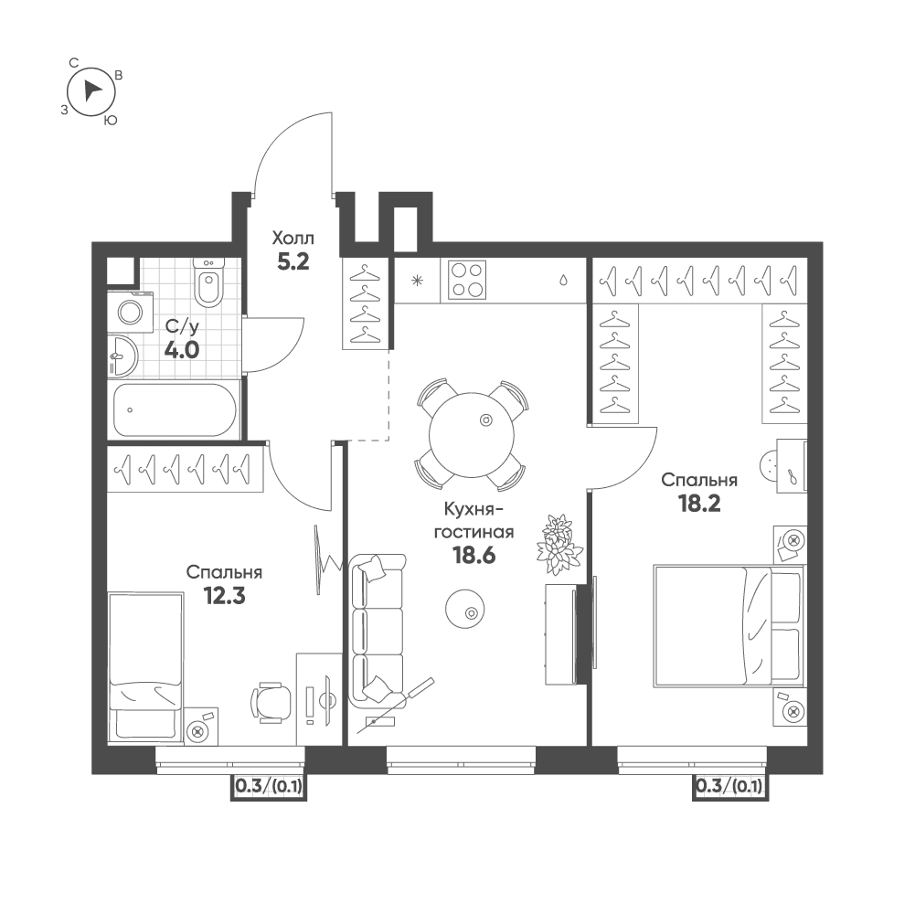 2-комнатная, 58,5 м² — 31 084 100 ₽