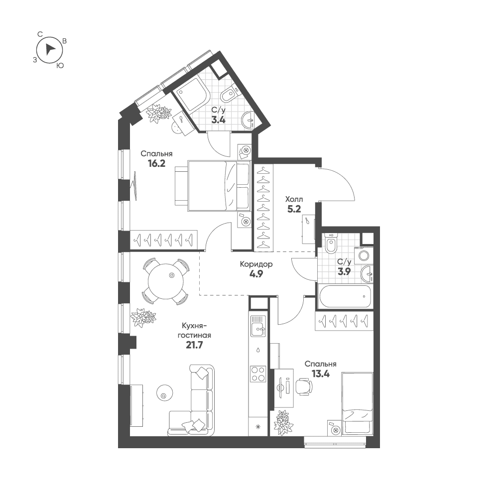 2-комнатная, 68,7 м² — 33 688 595 ₽