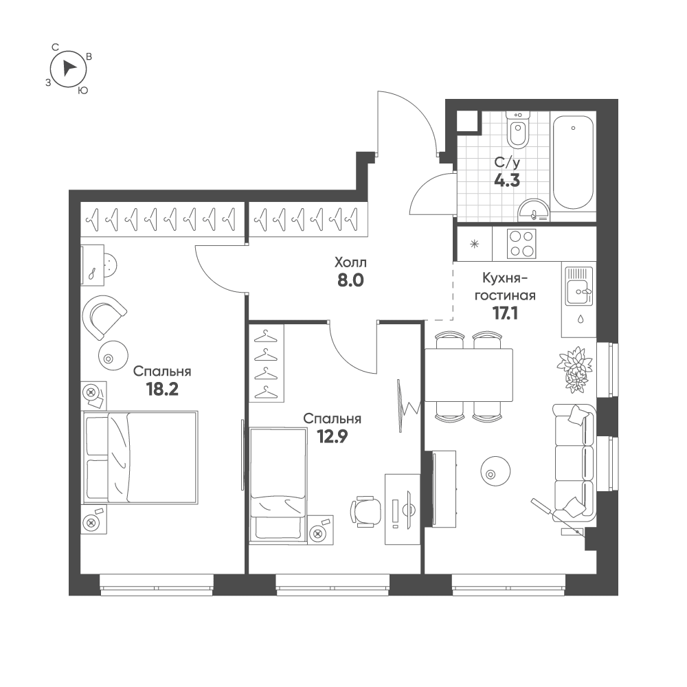 2-комнатная, 60,5 м² — 30 891 954 ₽