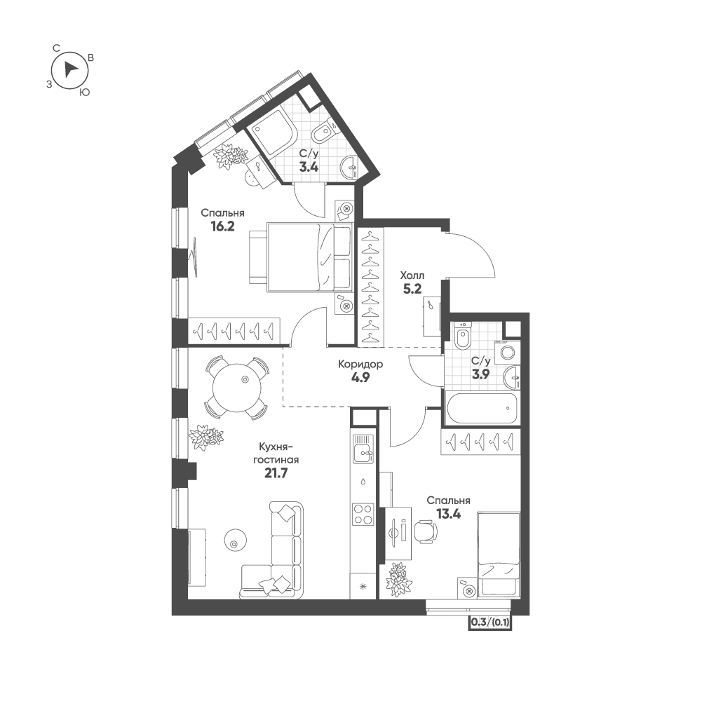2-комнатная, 68,8 м² — 34 089 646 ₽