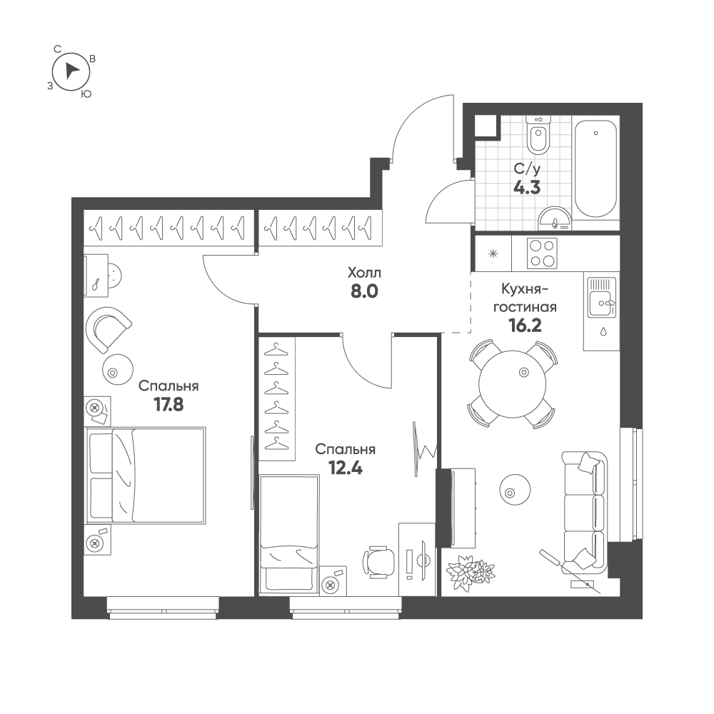 2-комнатная, 58,7 м² — 27 494 397 ₽