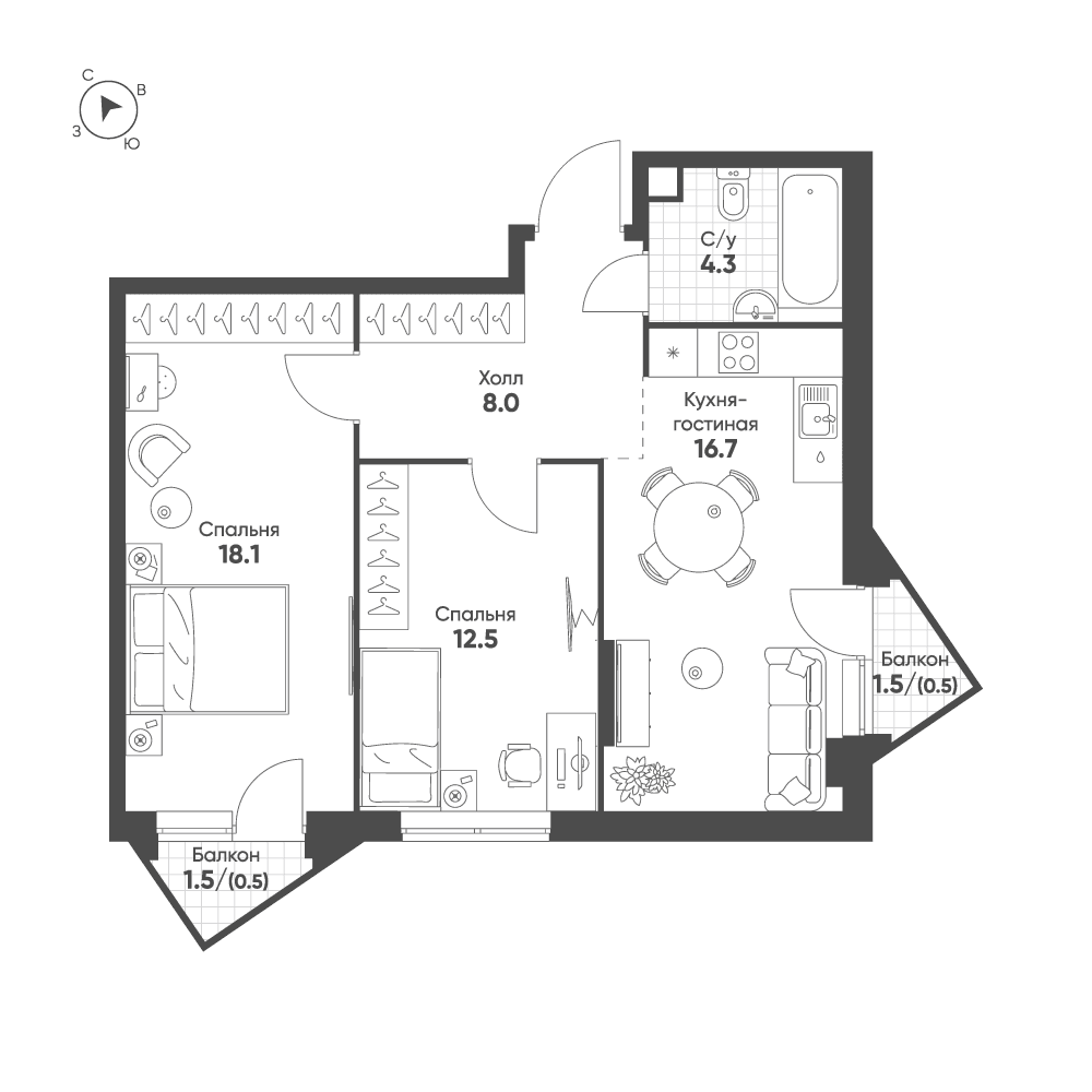 2-комнатная, 60,6 м² — 28 747 610 ₽