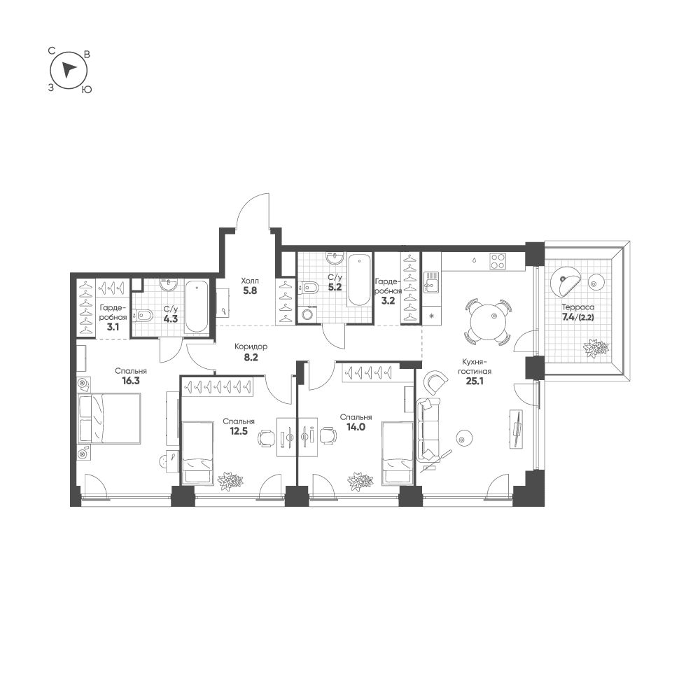 3-комнатная, 99,9 м² — 78 370 769 ₽