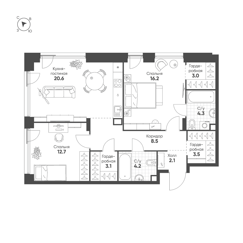 2-комнатная, 78,2 м² — 48 885 718 ₽