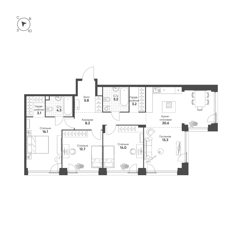 3-комнатная, 106,5 м² — 57 382 933 ₽