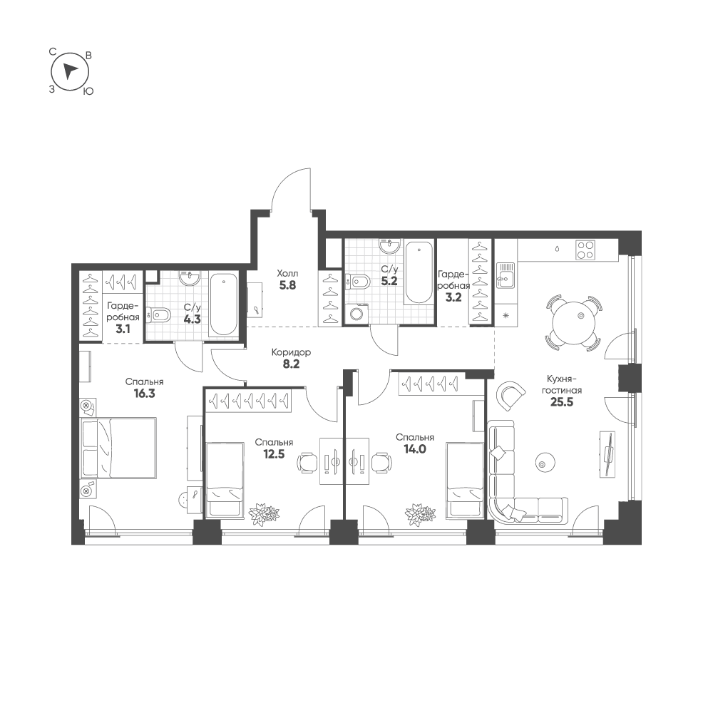 3-комнатная, 98,1 м² — 52 261 167 ₽