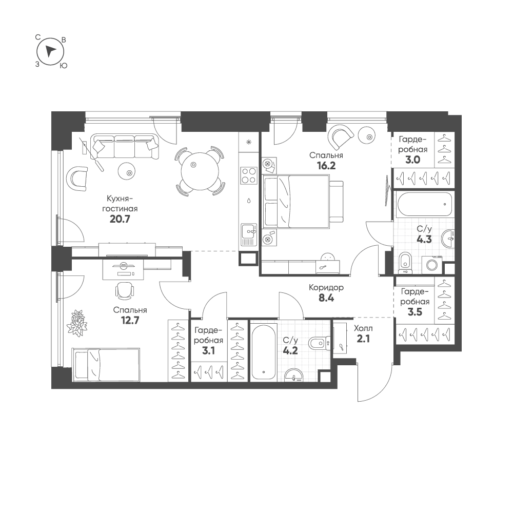 2-комнатная, 78,2 м² — 42 921 961 ₽