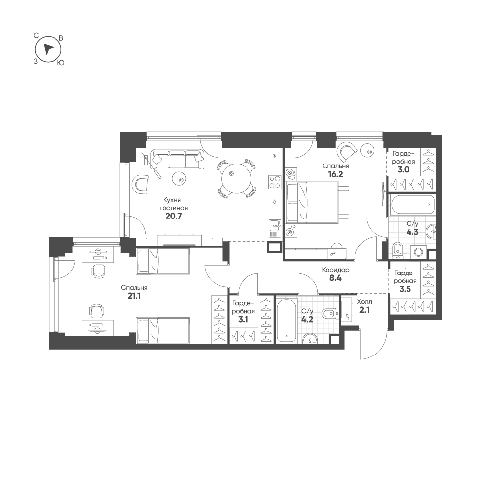 2-комнатная, 86,6 м² — 58 411 569 ₽