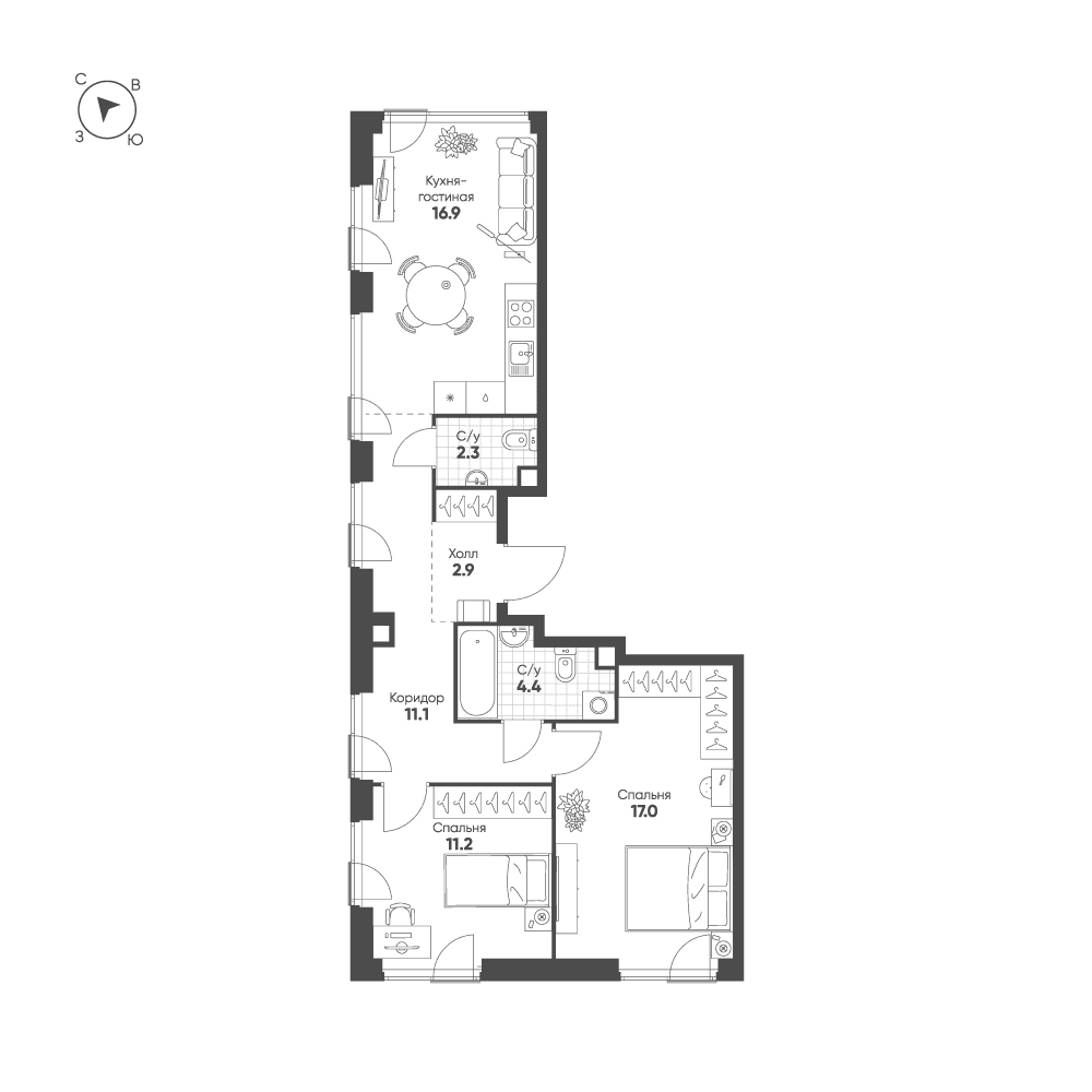 2-комнатная, 65,8 м² — 49 101 081 ₽