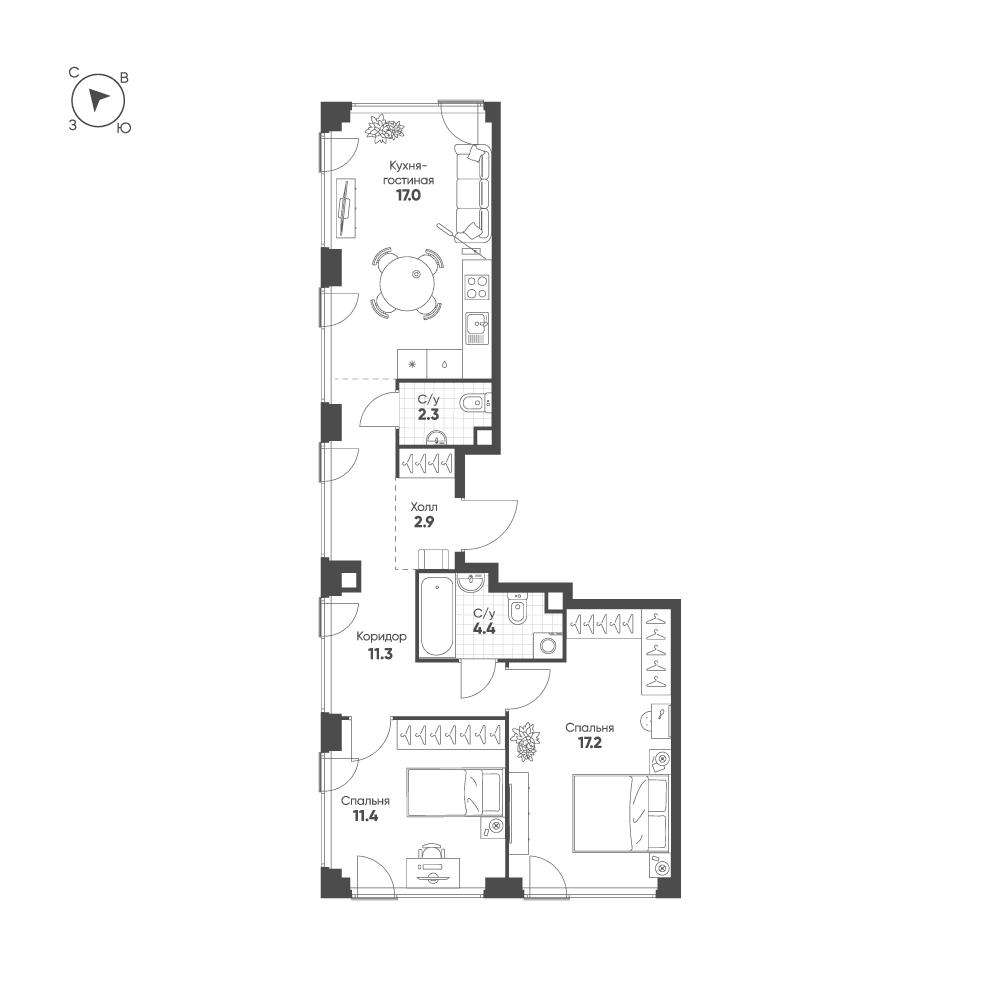 2-комнатная, 66,5 м² — 45 127 514 ₽