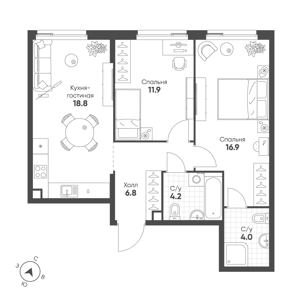 2-комнатная, 62,6 м² — 32 210 403 ₽