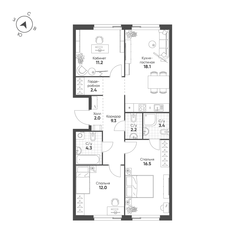 3-комнатная, 81,4 м² — 42 737 250 ₽
