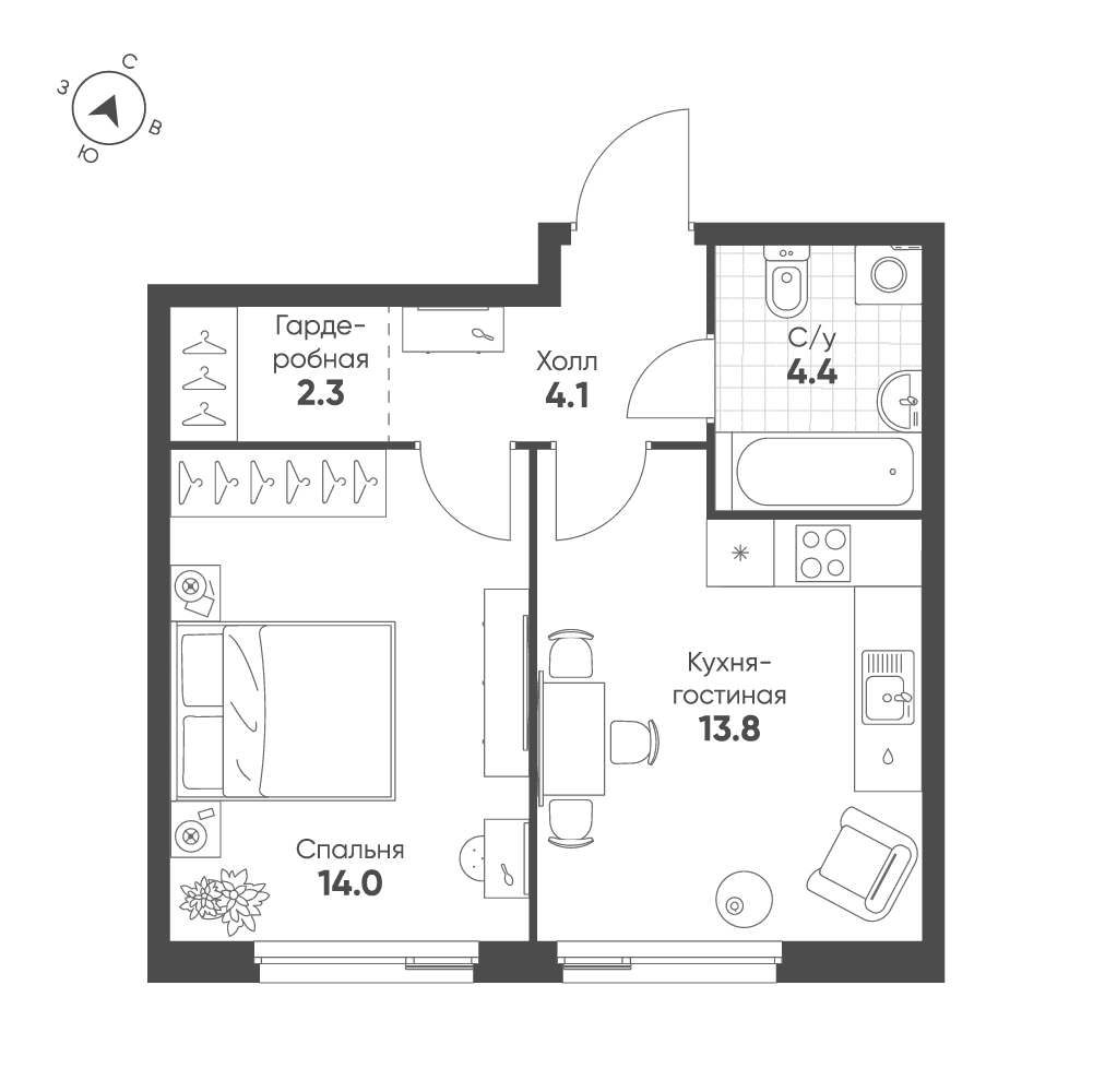 1-комнатная, 38,6 м² — 28 677 208 ₽
