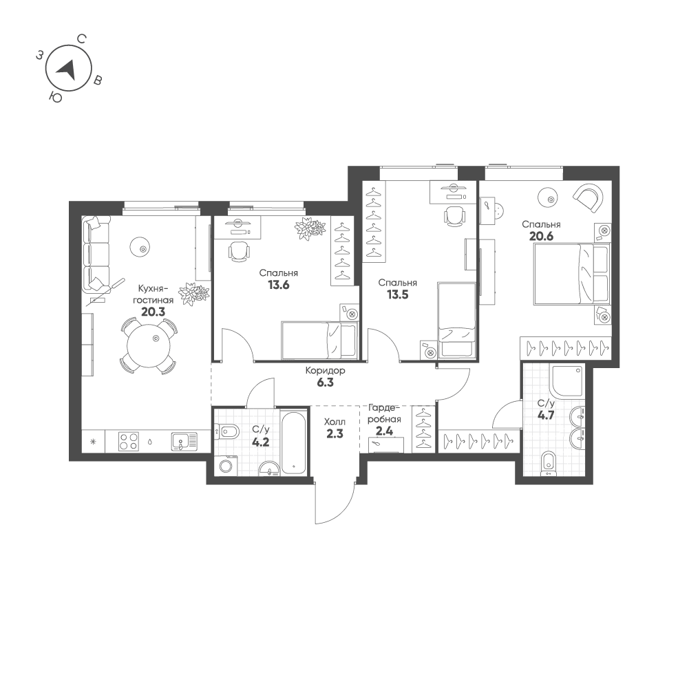 3-комнатная, 87,9 м² — 51 015 748 ₽
