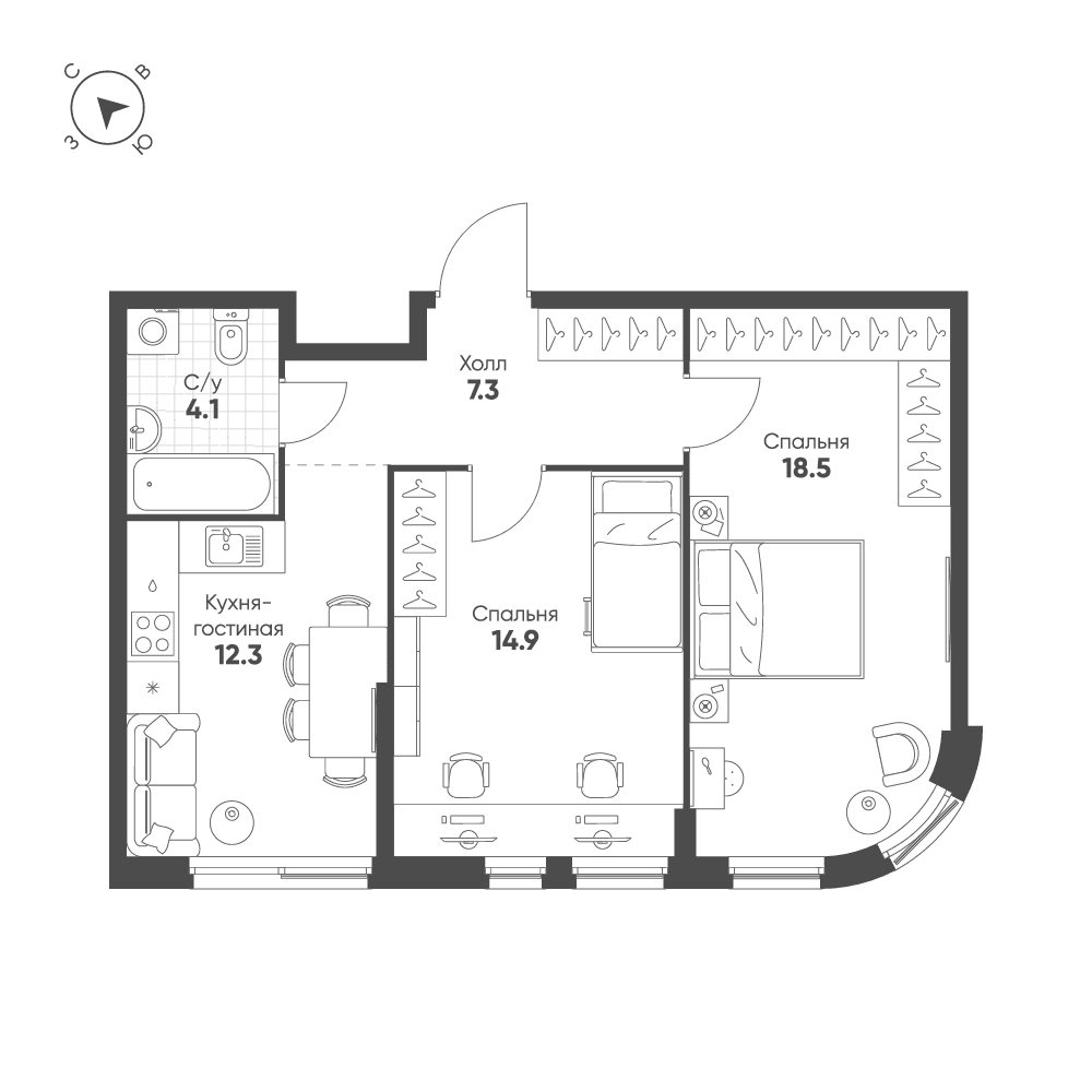 2-комнатная, 57,1 м² — 37 795 373 ₽