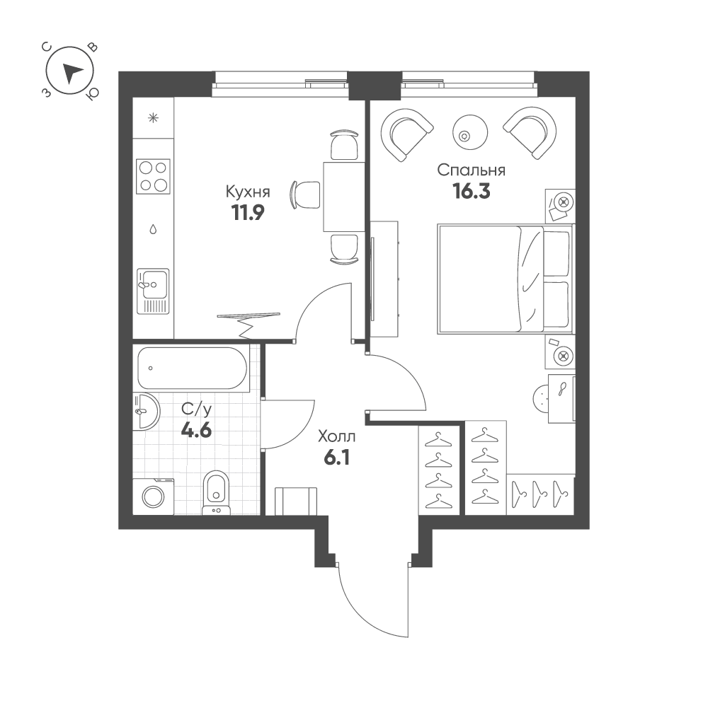 1-комнатная, 38,9 м² — 30 108 620 ₽