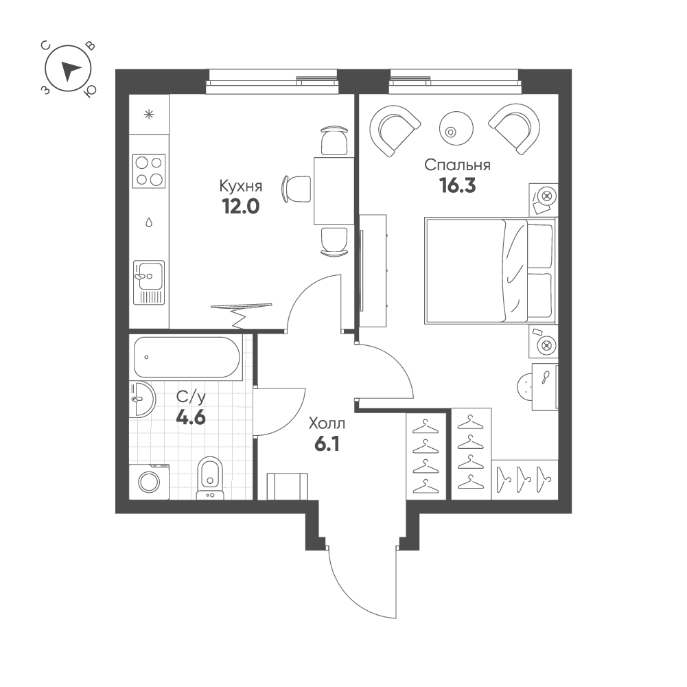 1-комнатная, 39 м² — 30 642 012 ₽