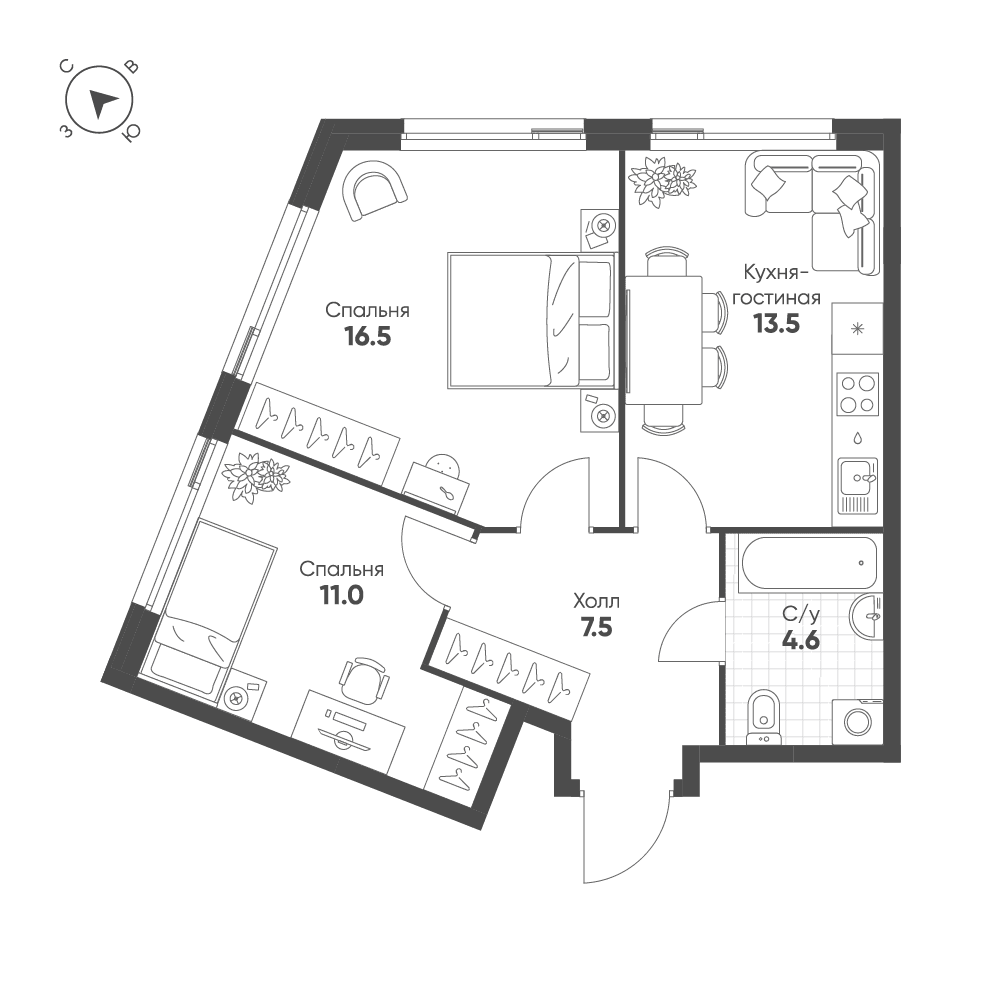2-комнатная, 53,1 м² — 39 855 457 ₽