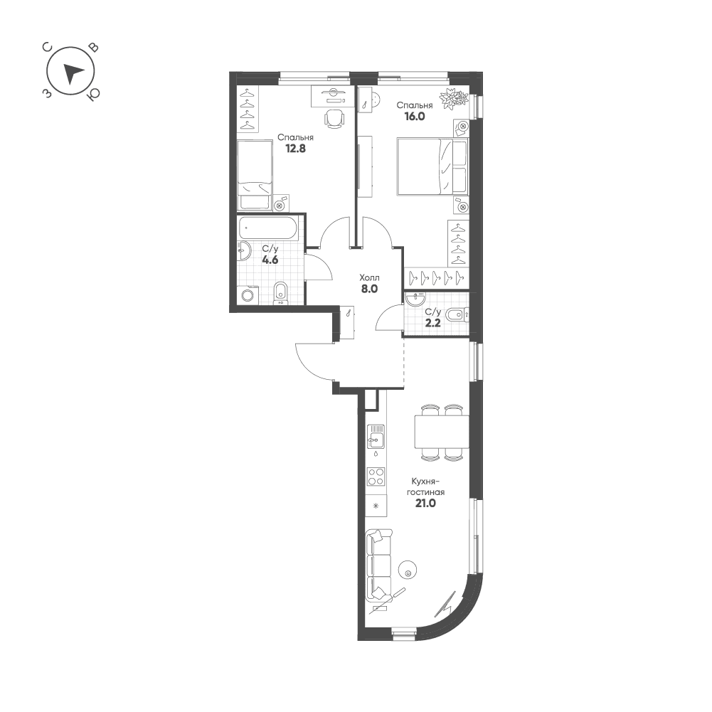 2-комнатная, 64,6 м² — 36 398 790 ₽
