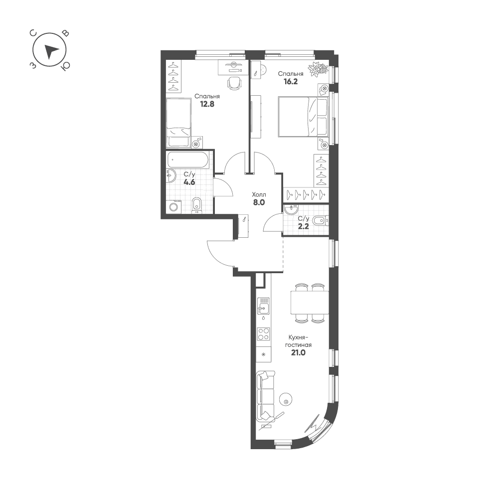 2-комнатная, 64,8 м² — 36 845 834 ₽