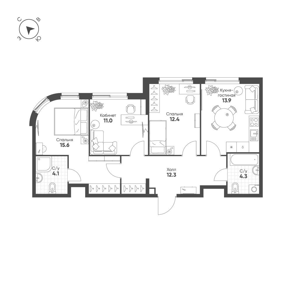 3-комнатная, 73,6 м² — 38 048 257 ₽