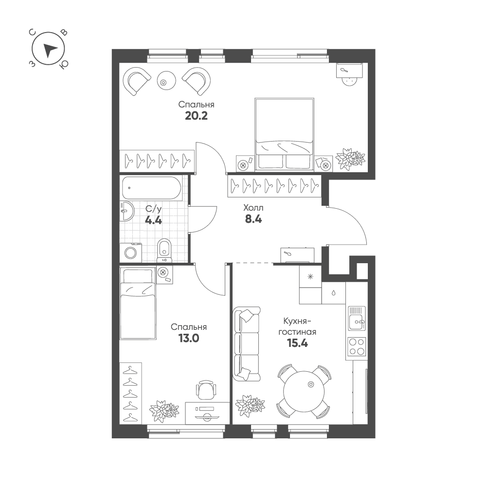 2-комнатная, 61,4 м² — 32 819 472 ₽