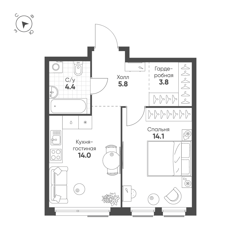 1-комнатная, 42,1 м² — 30 571 865 ₽