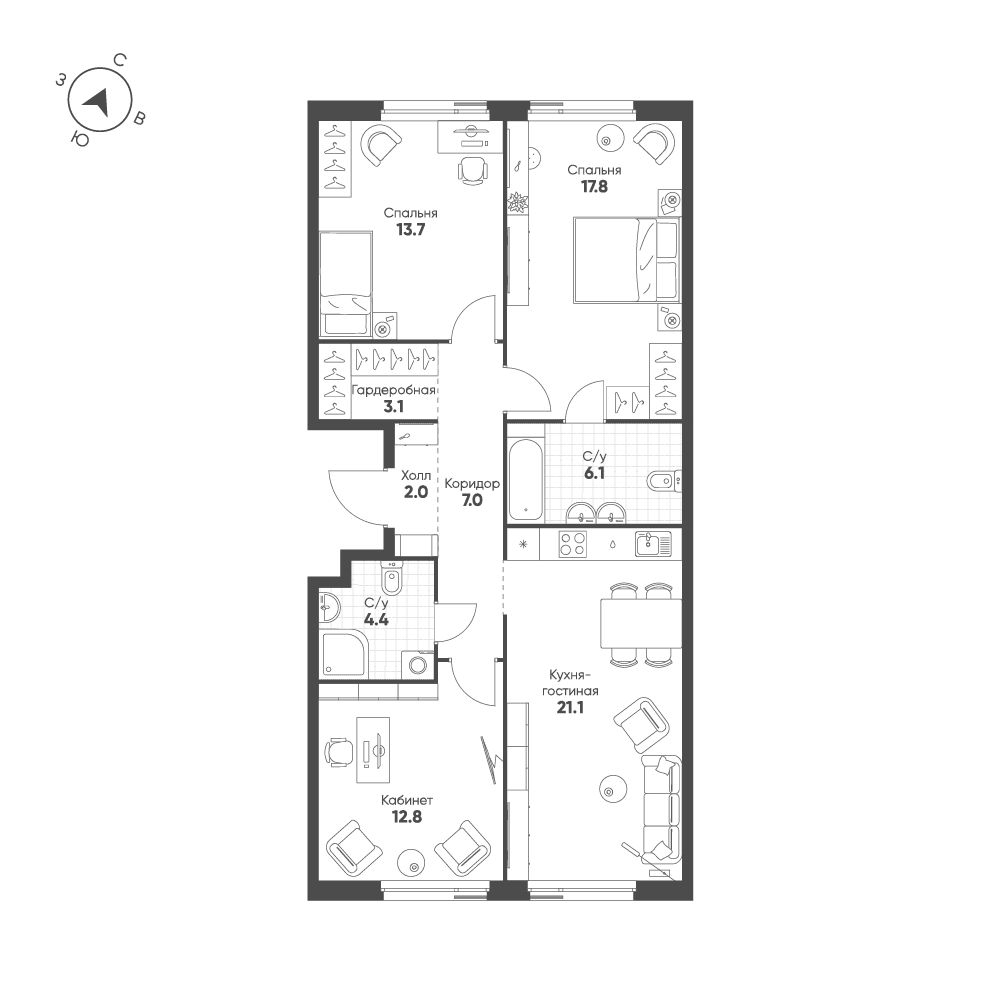 3-комнатная, 88 м² — 44 676 224 ₽